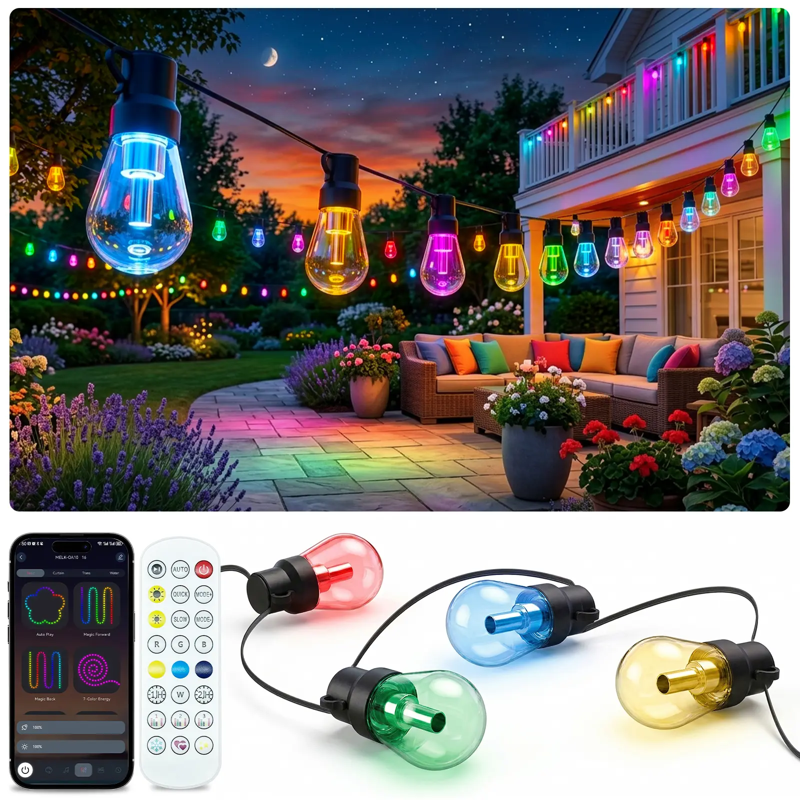 Smart RGB LED Outdoor Hanging Lights - App-Control, Waterproof, Shatterproof, Colorful, Dimmable Programmable for Party Lovers, Patio Vibe