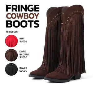 Cowboy Knee High Boots for Women Pointed Toe Chunky Block High Heel Pull On Fringe Studs Wide Calf Fashion Comfortable Retro Chic Party Date Dress Concert Western Cowgirl Boots