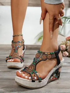 New Summer Women's High Heel Sandals Thick Sole Bohemian Rhinestone Casual Stylish Classy Elegant Slope Faux Hemp Rope Bottom Sandals