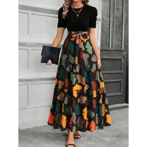 Women's clothing Women's Elegant Floral Print A-Line Dress Set with Puff Sleeves and Ruffle Hem - Includes Matching Cardigan, Polyester, Machine Washable, Ideal for Spring/Summer/Fall, Formal Wear Women|Ruffle Hem Dress|Vibrant Print Design