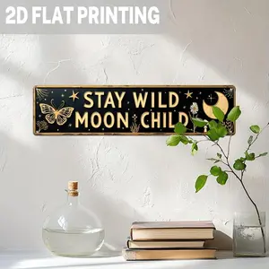 2D Flat, 1pc "Stay Wild Moon Child" Metal Wall Art - Rustic Farmhouse Decor with Moon, Stars, Butterfly - Vintage Boho Sign in Golden on Dark Background - Large Vintage Metal Poster for Living Room, Bedroom, Dorm - Easy Hang with Pre-Drilled Holes