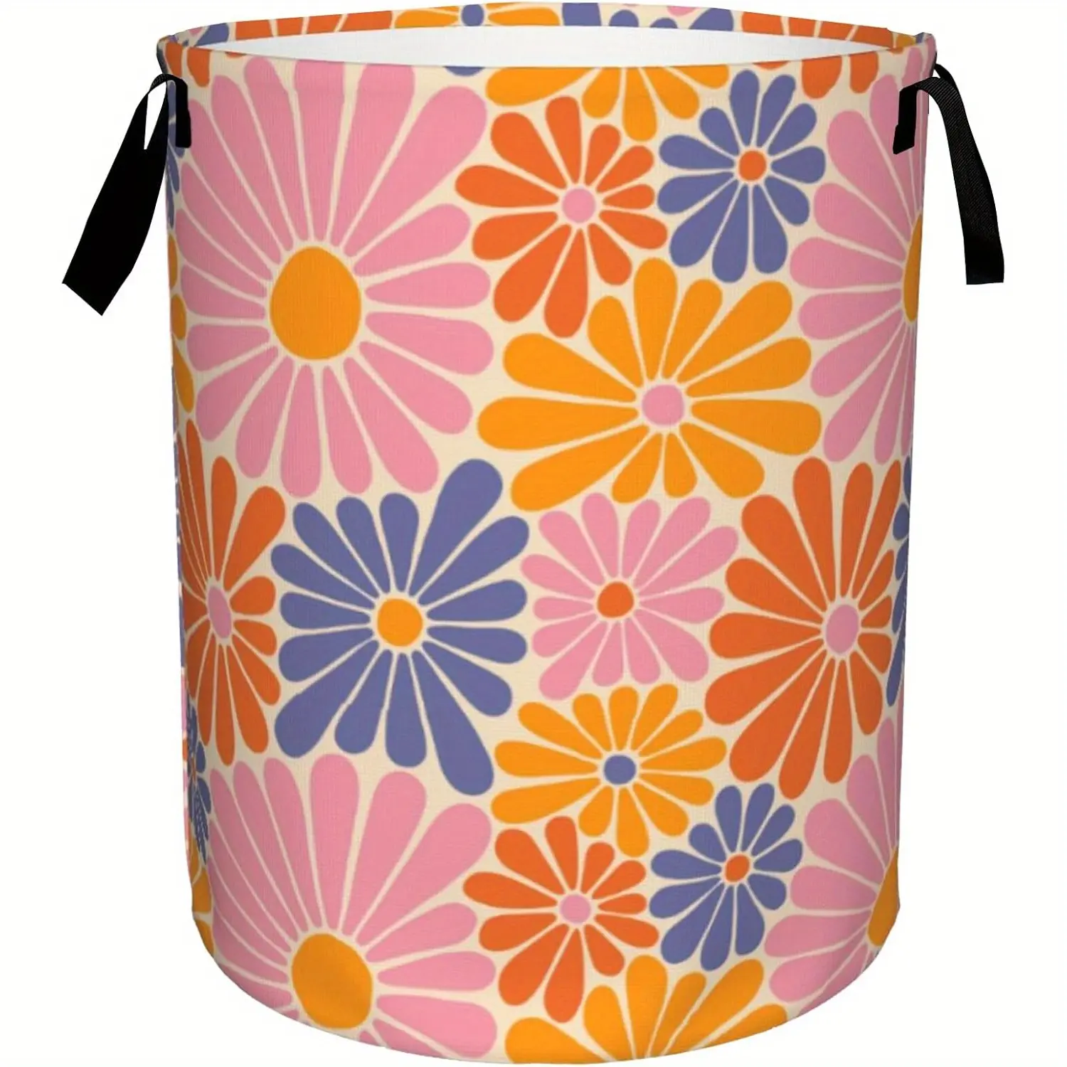 70s Hippie Retro Bohemian Style High-Quality Foldable Laundry Basket - Bright Daisies Pattern, Durable Polyester Fabric, Strong Handle & Foldable Design, 16"x20" Suitable for Bedroom, Bathroom, Dormitory, Living Room Storage Organizer