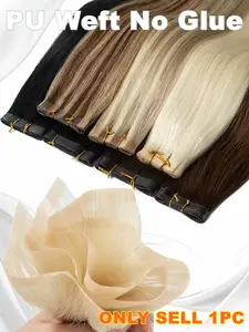 PU Seamless Hair weft, Real Straight Human Hair Extension, DIY Tape in Hair/clip in Hair, Easy Cut, Flexible Installation, 12"-20", Multiple Colors,Sutiable Daily life,Salon High Quality Hair Extensions
