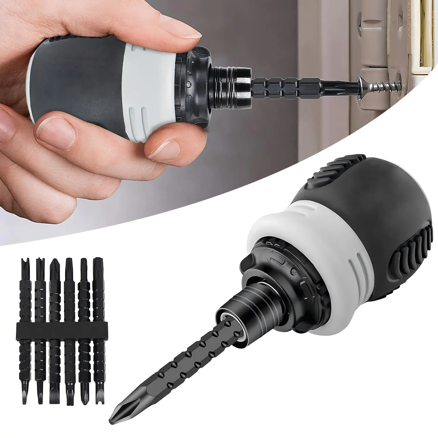 Portable Mini Ratchet Screwdriver Set, 6-in-1 Double Bits Slotted Cross Multi Bit Screwdriver Set with Screwdriver Holder for Door Locks, Bookcases, Electronic Equipment,Home Repairs Essential