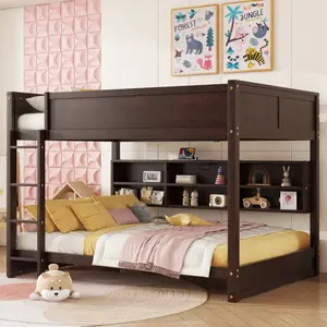 Queen Over Queen Bunk Bed with Bookcase Storage Cabinets,Charging Station,Ladder,Safety Guardrails,Solid Pine Wood Bunk Bed