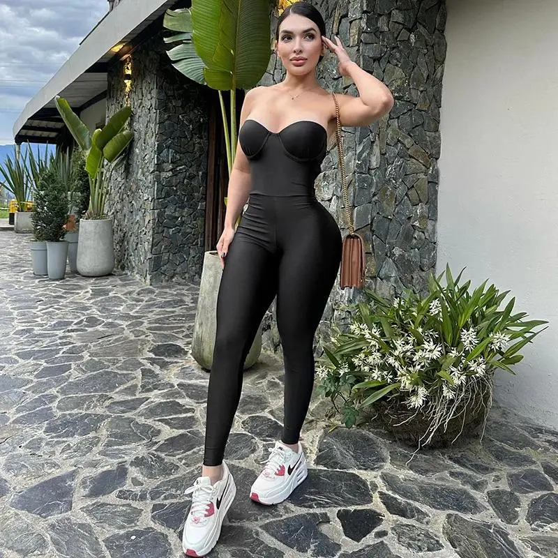 Women's Slim-Fitting Solid Color Strapless Backless Pencil Overall - Minimalist, Sleeveless, Sexy Lady's Basic Jumpsuit with Spring-Winter New Fabric, Formal & Casual Women's Suits & Sets