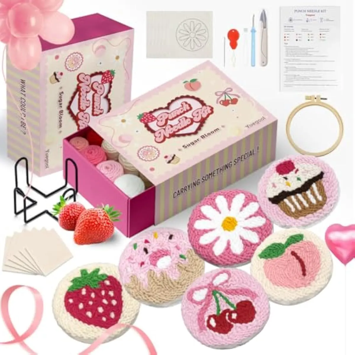 6PCS Punch Needle Coaster Kit, Easy DIY Embroidery Set for Beginners & Adults with Patterns, Tools, Yarns, Hoop, Instructions & Coaster Holder