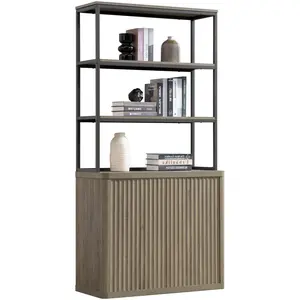 SICOTAS Book Shelf Fluted Bookshelf Tall Bookcase with Doors Storage 5 Tier Mid Century Modern Bookshelves 15.6" x 34.6" x70.9" Size Large Shelves  Metal Book Cases for Living Room Office Bedroom Kitchen Library,  Durable
