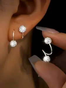 Elegant Silver Color S-Shaped Earrings, Unique Rhinestone Ball Studs, High-End Simple Design, Fashionable Ear Piercings, Ear Hook Design
