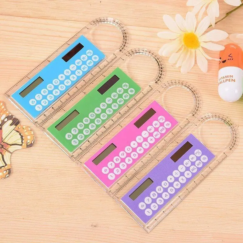 Mini ultra-thin ruler with solar calculator magnifying glass multi-function calculator school office supplies