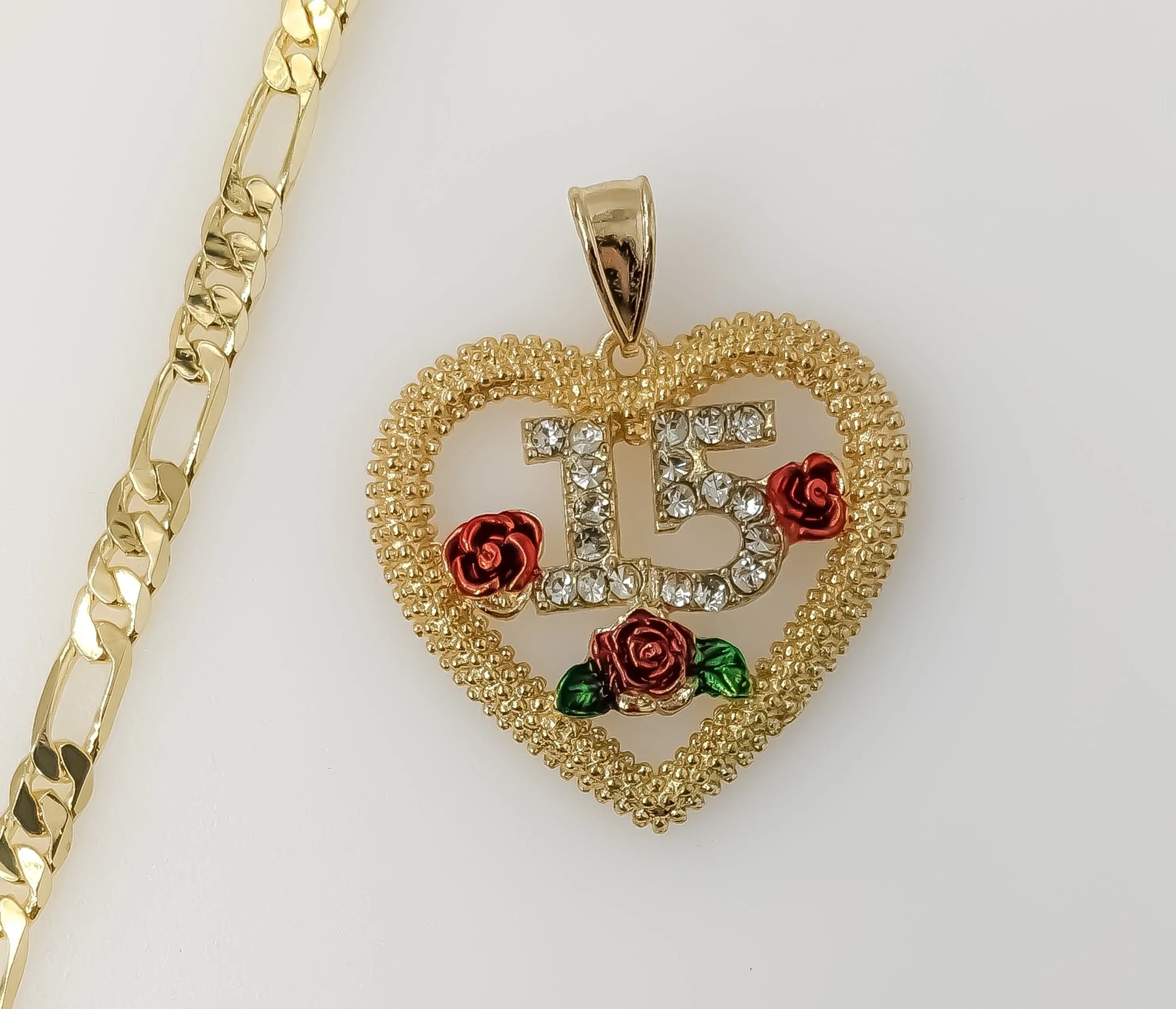 Plated Heart "My 15" Quince 5mm Figaro Chain Necklace