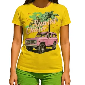 Sunset Chaser T-Shirt for Women - Yellow Top with Pink Car Graphic Design - Womenswear