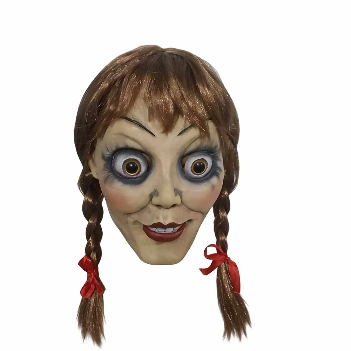 Retro Comfortable Lightweight Waterproof Classic Ghost Baby Latex Mask - Big Eyes, Evil Smile, Double Ponytail Red Ribbon Style, Film-Television Inspired Horror Doll Scary Makeup Prop, Adult Halloween Cosplay Accessory, Decoration, Water Proof
