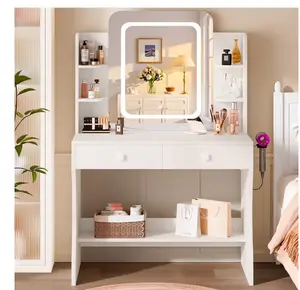 Makeup Vanity Desk with Smart LED Mirror and Power Outlet, 2 Drawer and 5 Shelf Table Set, White