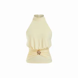 Cider Halter Neckline Ruched Backless Metal Detail Top SummerWins Dealsforyou