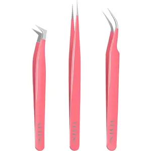 Lash Tweezers for Eyelash Extensions,High Precision Tweezers Kit Contains Isolation,Curved and Volume Lash Tweezers (3pcs) Pink