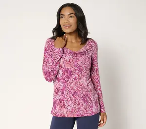 Susan Graver Printed Liquid Knit Cowl-Neck Long-Sleeve Top w/ Buckle Trim