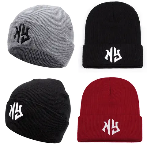 Unisex Acrylic Knitting Warm Beanie Hat - Letter-Embroidered, Adjustable Size Adult Casual Headwear, Versatile for Baseball Cap-Style Layering or Standalone Wear