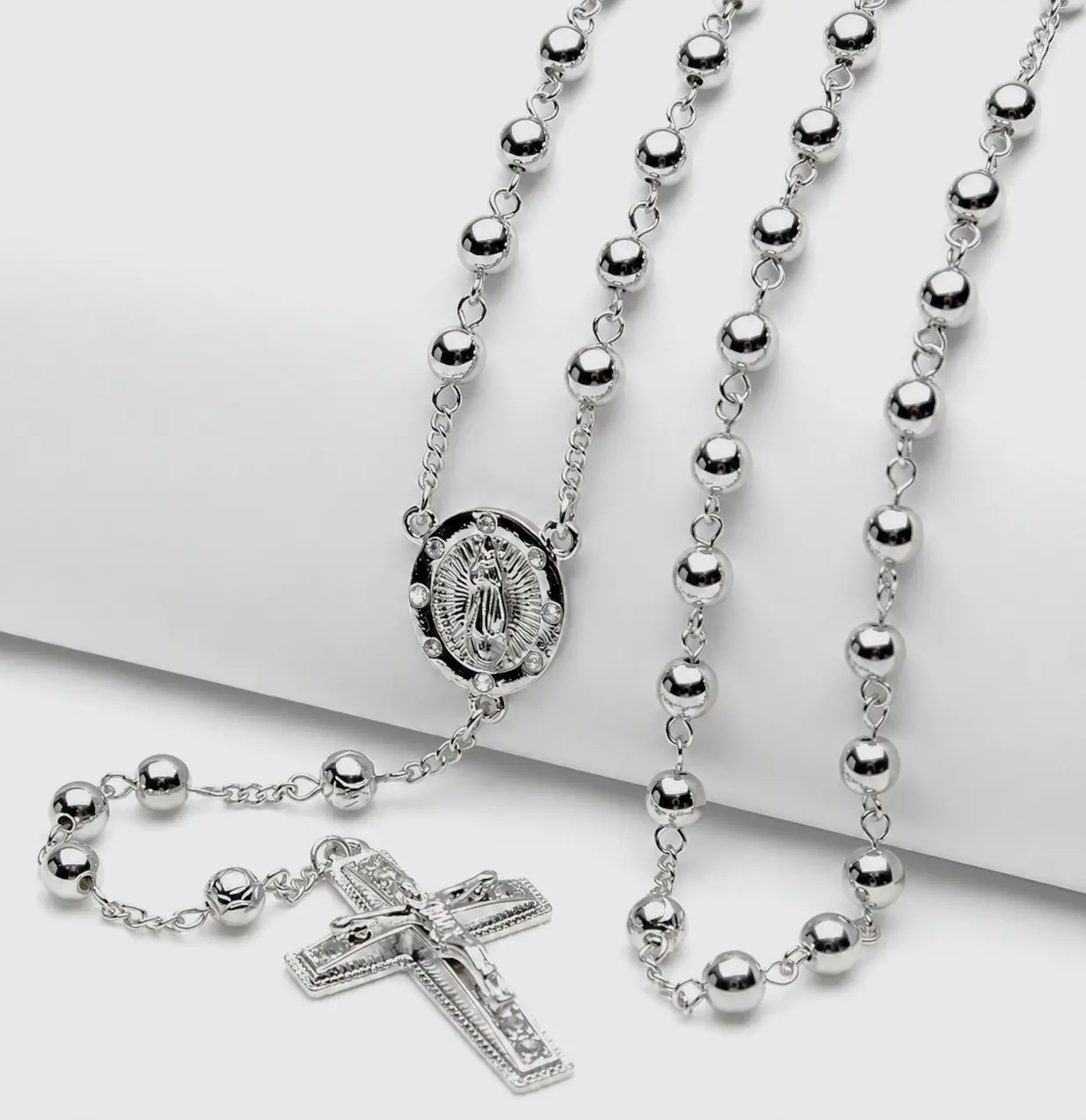 Men's Women's Silver Tone Bead Virgin Mary Guadalupe Cross 28" Rosary Necklace HR600S
