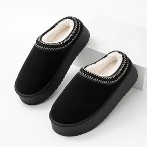 Genuine Suede Platform Slippers Plush Faux Fur Lined Cozy Mules Indoor Outdoor Comfort Shoes