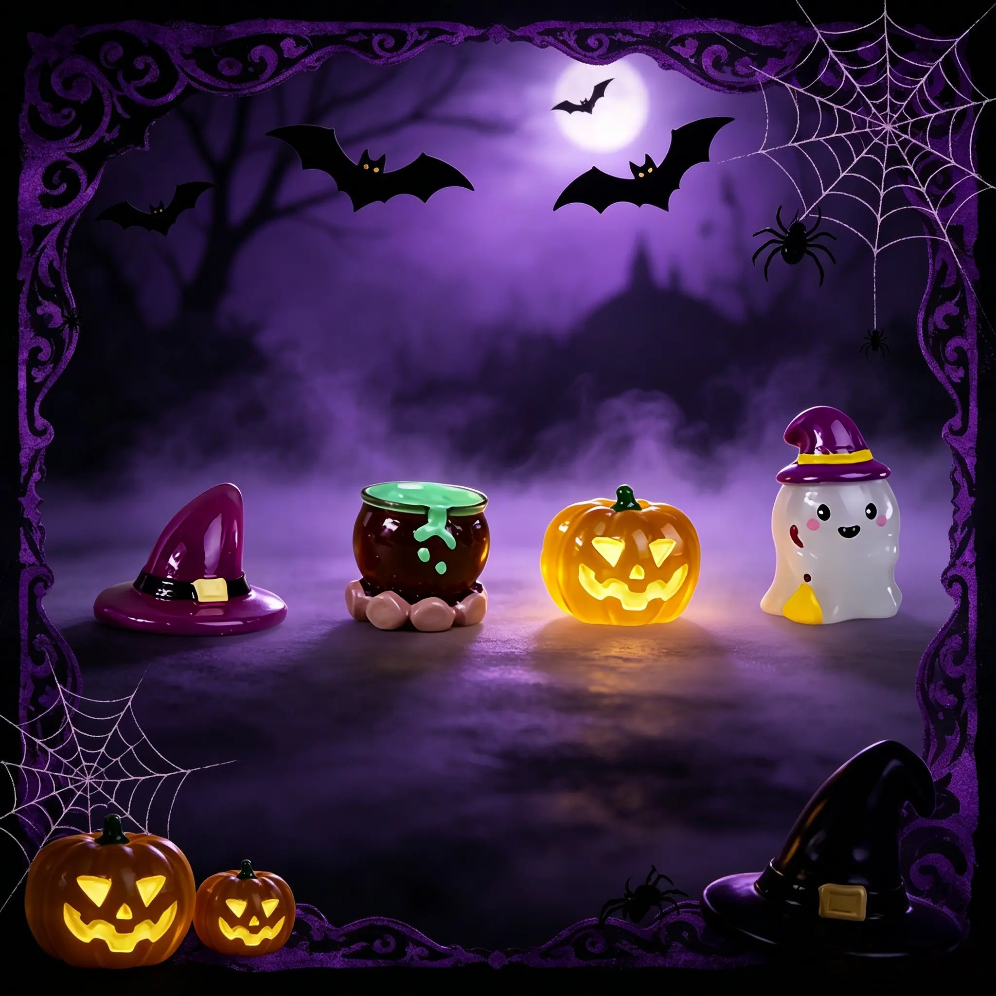 Spooky Glow-in-the-Dark Halloween Mini Resin Figurine Set, Lightweight Witch Hat-Cauldron-Pumpkin-Ghost Charms for DIY Micro Landscape Home Decor Ornaments, Magical