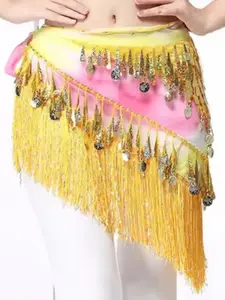 Women Belly Dance Clothes Teardrop Paillettes Fringe Wrap Elastic Tie-Dye Triangle Belts Coins Hip Scarf Dance Skirt