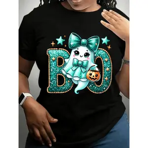 Plus Size, Women's Plus Size Halloween T-Shirt - Cute BOO Pumpkin Graphic Tee - Soft Everyday & Halloween Party Top - Machine Washable Black Shirt - Plus Size Friendly Casual Costume Apparel for Women, Seasonal Fashion, Cartoon Pr