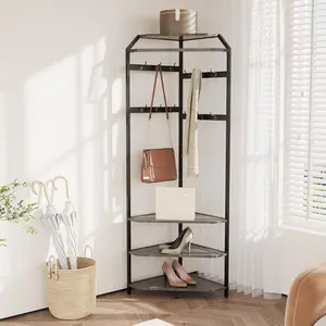Corner Coat Rack with Shoe Bench Entryway and 6 Double Hooks, Corner Hall Tree - Corner Clothes Rack with Storage Corner Tree with Organizer Shoe Bench Shelf for Entryway, Hallway, Closet  BROWN/GREY/GOLD