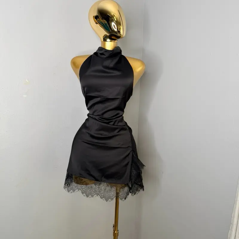 Women's Elegant Satin Black Lace Detail High Neck Dress with Side Slit