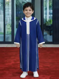 Muslim Traditional Boy Blue Colorblock Print Hooded Djellaba, 3D Decorated Long Sleeve with Side Pockets, Suitable for 8-12 Years