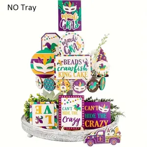 Mardi Gras Themed Wooden Desktop Decoration Set, 20pcs/set Mardi Gras Themed Decoration without Tray, Home Decor for Party & Festival, Ornaments