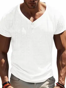 Men's Solid V Neck Button Up Short Sleeve Tee, Loose Casual Comfy Plain T-shirt for Summer, Men's Top for Daily Wear, Tropical, Menswear