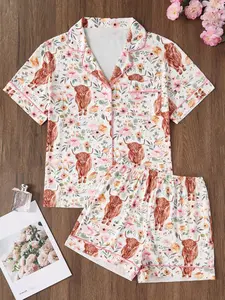 Women's Summer Soft High-Quality Sleepwear Set, Cute Floral & Highland Cow Pattern Short Pajamas, Night Wear Design, Casual Loose Fit