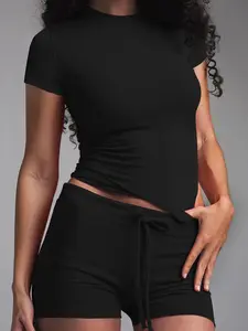 Women's Solid Color Modal Loungewear Two-piece Matching Set, Casual Comfy Minimalist Short Sleeve Round Neck Tee & Drawstring Waist Shorts Pj Set, Ladies Sleepwear for All Seasons, Shortsleeve Womenswear, Basic Pajama Set, Loungewear Pjs