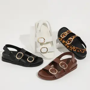Flat Sandals for Women with Cushioned Footbed Open Toe Double Buckle Adjustable Hook-Loop Casual Beach Pool Party Summer Sandals Comfort Style