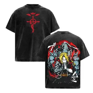 Vintage Edward Alphonse Elric FMAB Fullmetal Alchemist Oversized Graphic Tee Heavyweight Acid Wash Cotton Double Printed T-Shirt Y2K Streetwear Alchemy Gym Pump Cover Japanese Anime Manga Aesthetic Grunge Outfits Merch Fan Gift Top Unisex