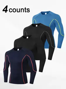 Men's 4-Pack Contrast Binding Round Neck Compression Sports Tees - Male Quick-Drying Breathable Gym Wear for Running, Training