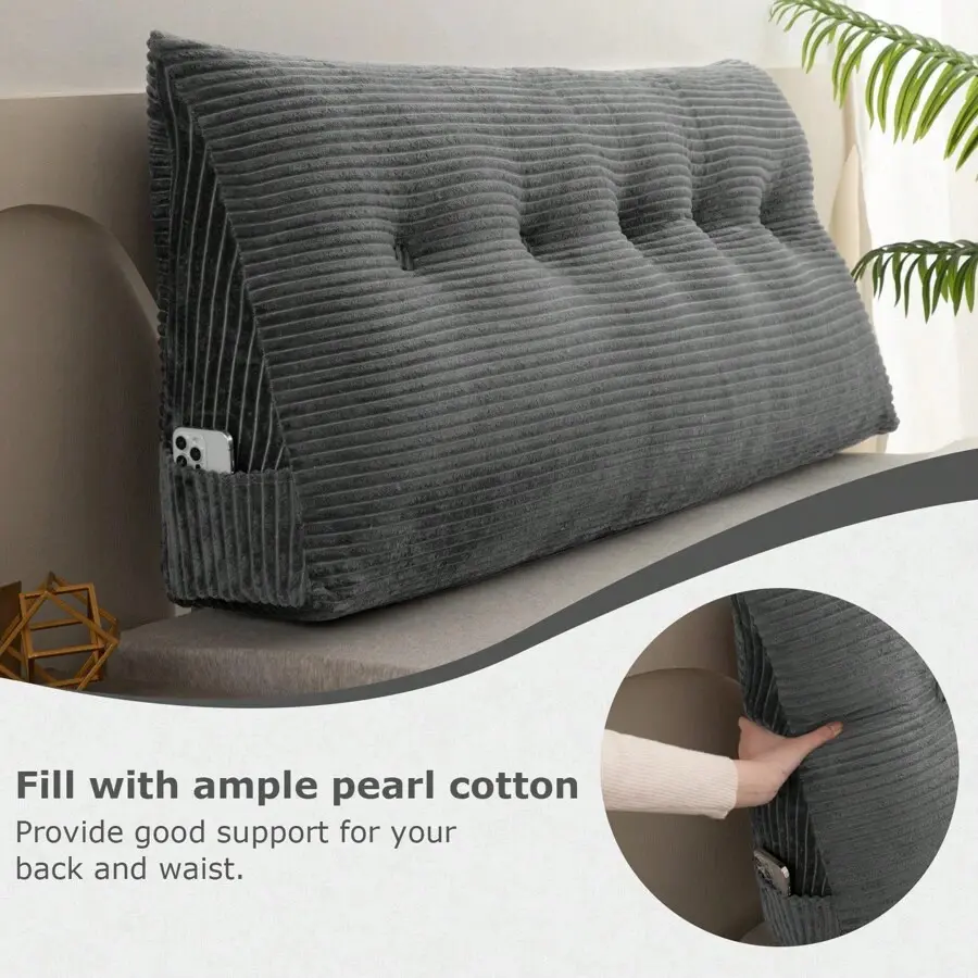 Triangular Wedge Headboard Pillow With Side Pockets, Bed Rest Reading Bolster Pillow For Sitting In Bed, Soft And Supportive Velvet Backrest Positioning Support Long Pillow With Removable Cover For Twin/Queen/King Bed