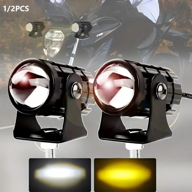 1/2pcs LED Car And Motorcycle Work Light Super Bright Dual Color Mini Steel Cannon Far And Near Integrated White And Yellow Floodlight, Spotlight Driving Light Modified Off-road Light, Strong Light Color Changing Work Light, Motorcycle Lights
