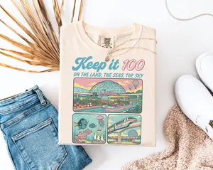 YOUTH AND ADULT Keep It 100 Retro Theme Park Shirt  Epcot Inspired Vacation T-Shirt  The Land Ride Graphic Tee  Matching Family Trip Shirt for Theme Park Lovers