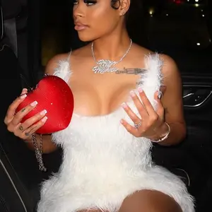 Fluffy Fur Backless V Neck Sleeveless Mini Dress