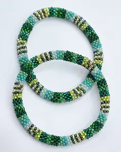 Set of 2 Handmade Nepal Czech Glass Seed-Bead Crochet Bracelets Boho Chic Roll-On Bangles One-Size Fits Most Women's Fashion Jewelry Boho Hippie Beaded Bracelet Bangles Artisan-Made Accessories