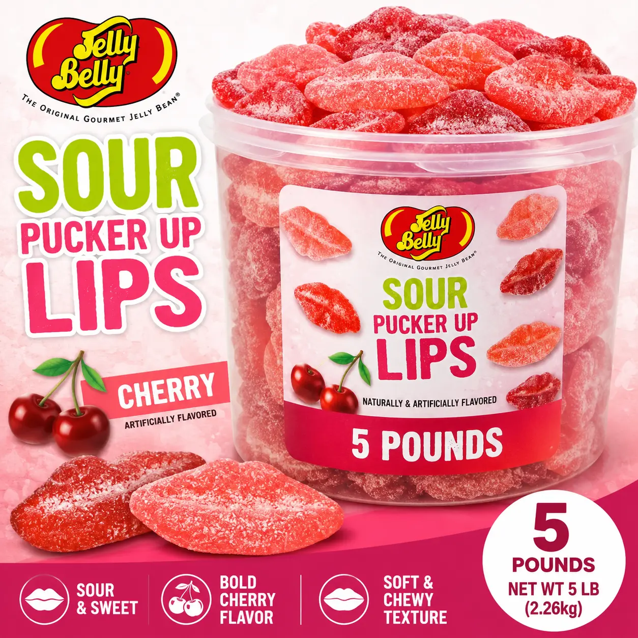 Jelly Belly Sour Pucker Up Lips Cherry Red 5 lb Bag  Sweet & Sour Gummy Lips Candy | Bulk Party Candy for Buffets & Events