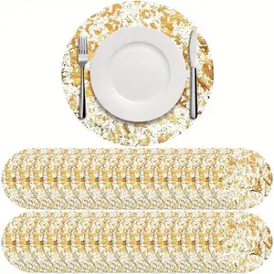 50pcs Disposable Golden Placemats Set, Round Golden Foil Mesh Pressed Table Doilies, Thin Mesh Table Pad for Home, Room Decoration, Dining Table Decor