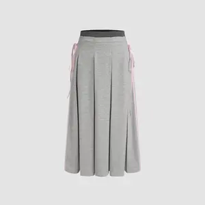 Cider [size 2-10] Mid Rise Solid Pleated Bowknot Maxi Skirt