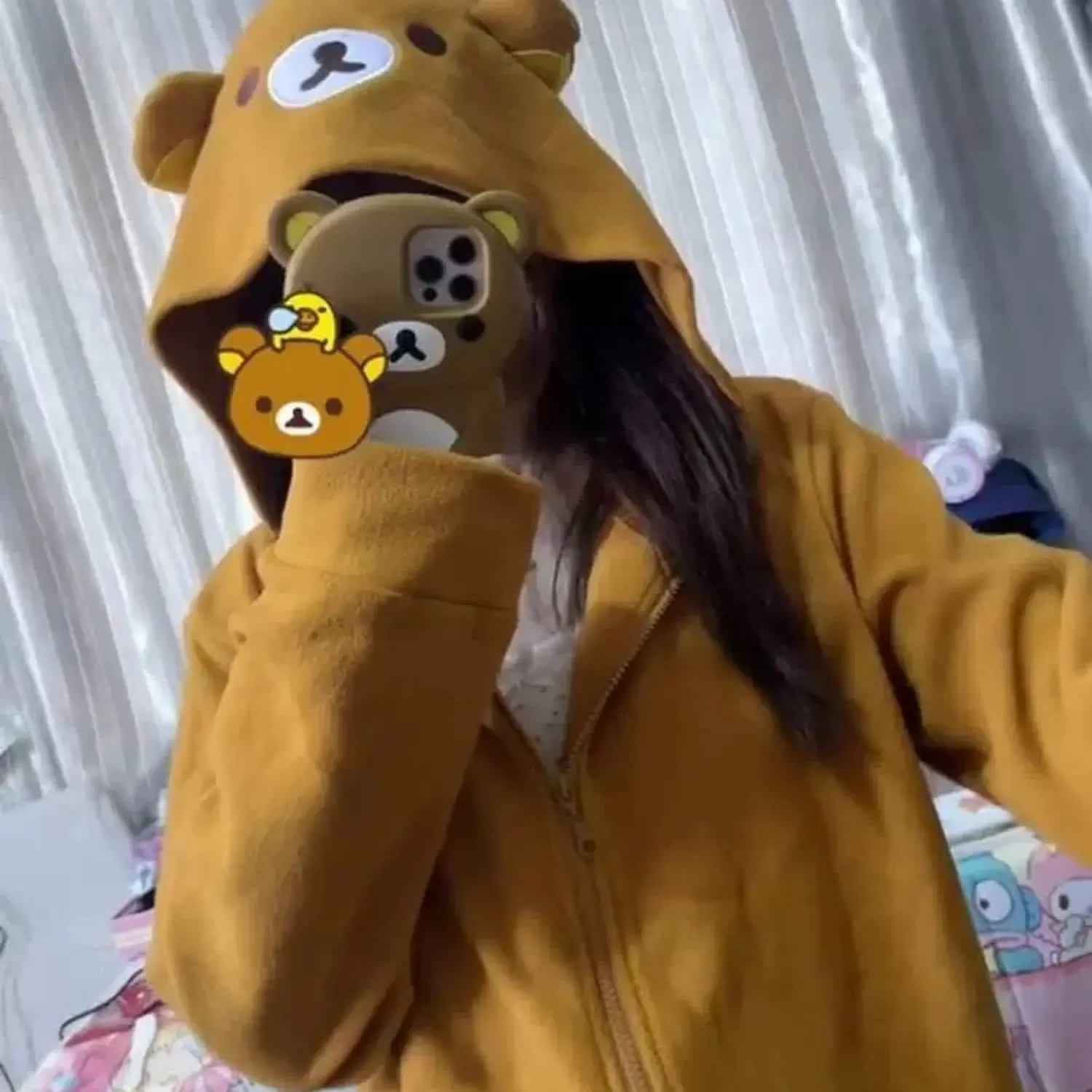 Kawaii Rilakkuma Women's Long Sleeve Polar Fleece Zip-Up Hooded Sweatshirt - Casual XXL Fall Winter Cold Weather Outerwear Tops, Sweatshirts