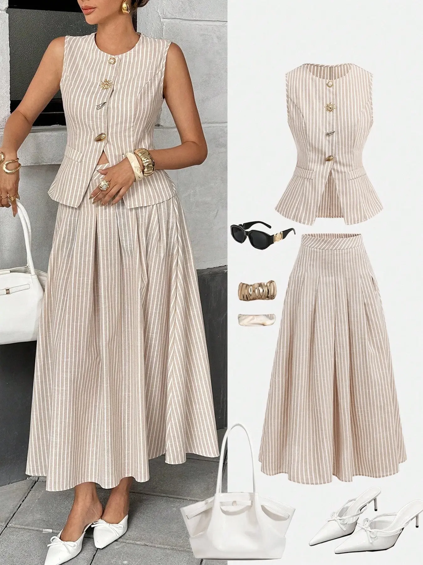 Women's Fine Stripe Two-Piece Set, Striped Sleeveless Fitted Waist Cinching Vest + High-Waisted Pleated Flowy Long Skirt, Elegant Romantic Casual Style Outfit, Suits, Clothes