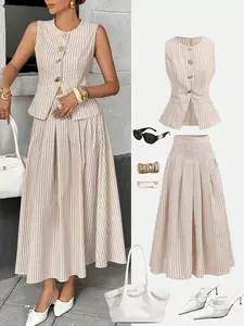 Women's Fine Stripe Two-Piece Set, Sleeveless Fitted Waist Cinching Vest + High-Waisted Pleated Long Skirt, Elegant Romantic Style Outfit