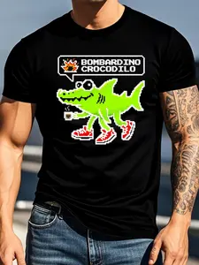 BOMBARDINO_CROCODILO_Green_Crocodile_Shark_Hybrid_Holding_Coffee_Cup_Red_Sneakers  T-shirt Short Sleeve Tees Casual Crewneck Pullover Tops Cute Graphic Cotton Tops Crew Neck Funny T-Shirt for Men clothing soft