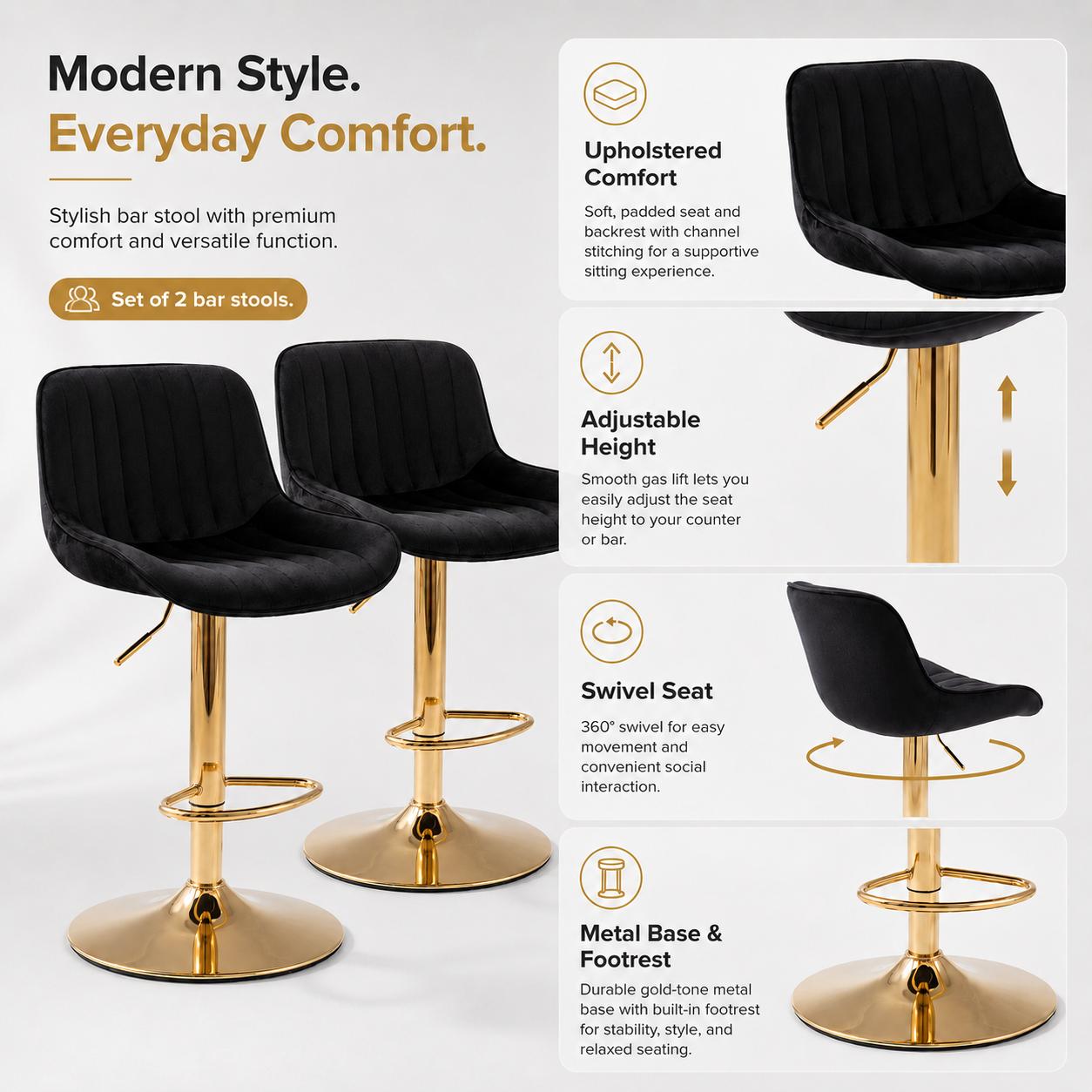 Fahuac Velvet Fabric Bar Stools (Set of 2) - Glam Look Swivel Seat Indoor Home Chairs with Height Adjust Function, Chrome Base, Golden Legs, Black Upholstery